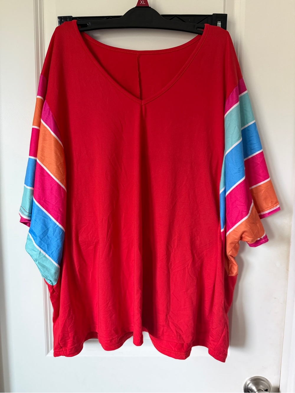 SHEIN Red V-Neck Tunic with Multicolor Stripe Sleeves